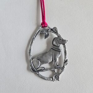 Dachshund Dog Pewter Ornament Hanging Charm Red Ribbon Tree Branch Oval